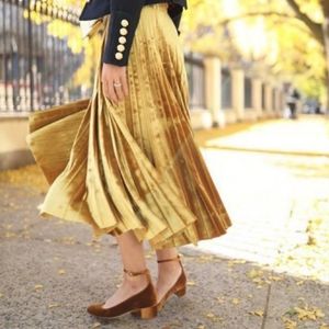 Gold Velvet Pleated Midi Skirt